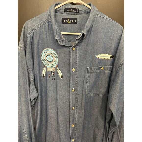 Vintage Denim Button Up Native Indian Graphic Shirt Size Men's XL - Picture 1 of 12